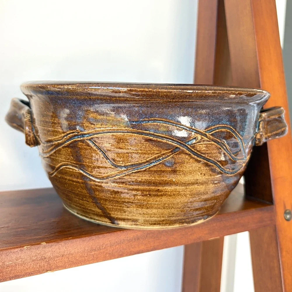 Vintage 1989 Signed Studio Pottery Handled Serving Bowl Brown Blue Stoneware